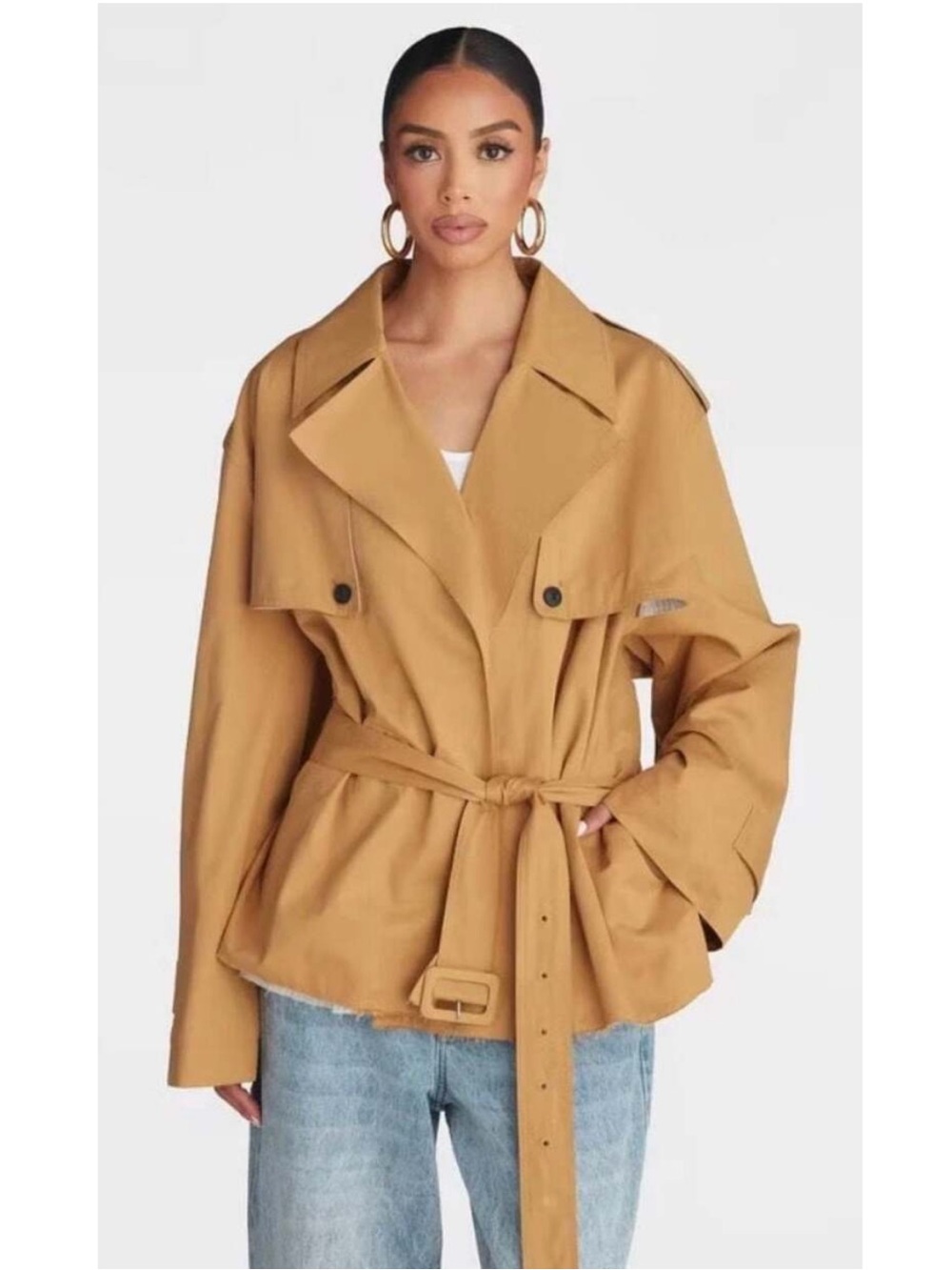 Women's Camel Belted Trench Coat with Wide Lapels
